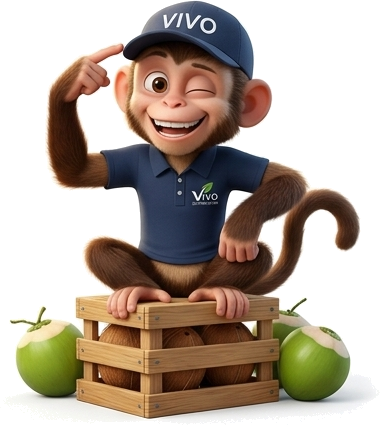 Kiko sitting on a crate of fresh coconuts